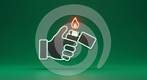 Hand Holding Open Lighter with Flame on Green Background