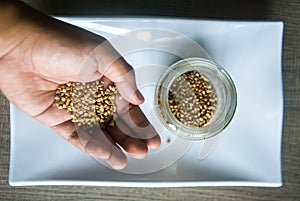 Hand holding organic buckwheat. Selective focus