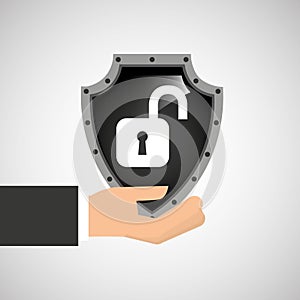 Hand holding padlock security shield data