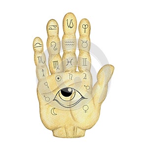 Hand holding palmistry symbol with zodiac symbols