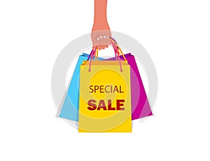 Hand holding paper bag for shopping. Female hand with gift bag from shop, store in flat style. Buyer girl hold package of sale,