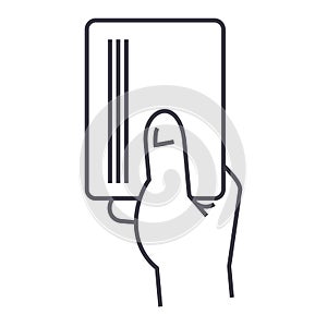 Hand holding paper,card vector line icon, sign, illustration on background, editable strokes