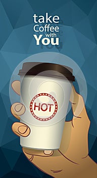 Hand holding a paper cup on polygonal background