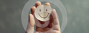 Hand holding paper cut smile face, positive thinking, mental health assessment