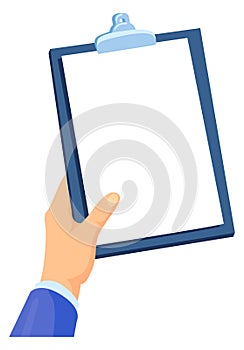Hand holding paper document on clipboard. White sheet