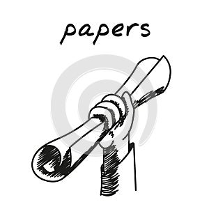 Hand holding paper document hand-drawn illustration. Cartoon vector clip art of a human hand clutching a paper document. Black and