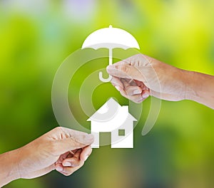 Hand holding a paper home and umbrella on green background