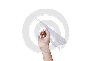 Hand holding paper plane isolated on white background.
