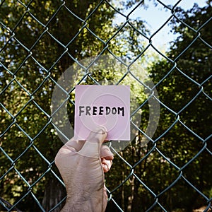 hand holding a paper with the word freedom