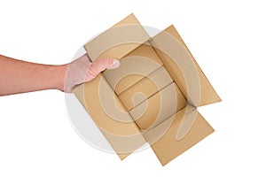 Hand holding the parcel box isolated on white background