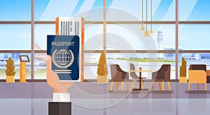 Hand Holding Passport Ticket Boarding Pass Travel Document Airport Background