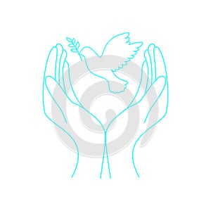 Hand holding peace pigeon illustration with hand drawn outline doodle style