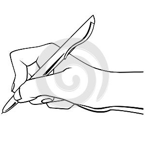 Hand holding a pen, black outline on white