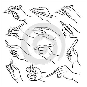 Hand holding pen black and white illustrations set