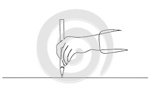 Hand holding pen, pencil and drawing. Continuous one line drawing