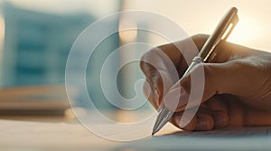 The hand holding a pen writing on a document in bright sunlight AI generated image