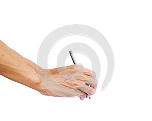 Hand holding pen writing something text isolated on white background. Clipping path.