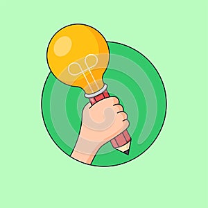 Hand holding pencil with light bulb lamp head vector illustration for creative student with bright idea visual design
