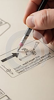 Hand holding a pencil points to a printed instruction on a beige sheet. The text is