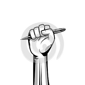 Hand holding pencil vector illustration. Raised fist hand holding a pencil as a sign to claim freedom of expression