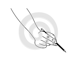 Hand holding pencil vector line art black on white