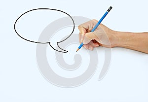 Hand holding a pencil on a white paper background, Drawing with pencil for image of Speech Bubbles
