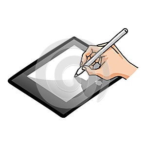 Hand Holding Pencil Writer Writing on Blank Tablet Gadget Mobile Vector Illustration Drawing