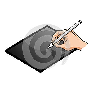Hand Holding Pencil Writer Writing on Tablet Gadget Mobile Vector Illustration Drawing