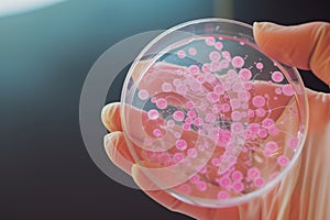 hand holding petri dish with dividing stem cells closeup