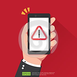 hand holding phone with attention warning alert sign with exclamation mark symbol on screen. shield line icon for Internet VPN Sec