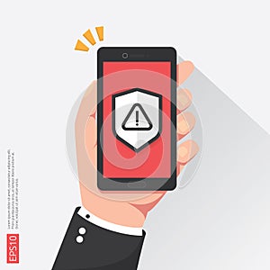 hand holding phone with attention warning alert sign with exclamation mark symbol on screen. shield line icon for Internet VPN Sec