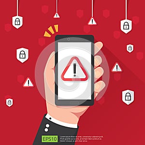 hand holding phone with attention warning alert sign with exclamation mark symbol on screen. shield line icon for Internet VPN Sec