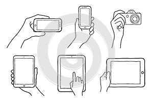 Hand holding, phone, camera, tablet. Vector illustration