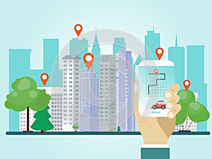 Hand holding phone with car sharing app vector illustration. Hands hold smartphone with location marks share auto in