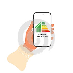 Hand holding phone with classification of house energy efficiency. Rating energy diagram on device screen
