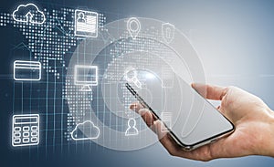 Hand holding phone with cloud computing map hologram