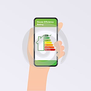 Hand holding phone with energy efficiency rating. Smart home. Flat design style vector illustration concept of smart house