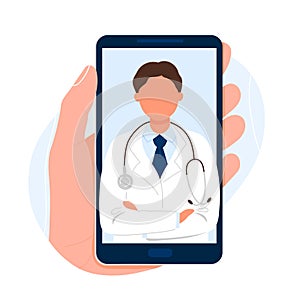 Hand holding phone with image of doctor on screen