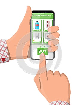 Hand holding phone with internet pharmacy app