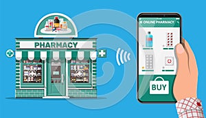 Hand holding phone with internet pharmacy app