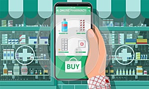 Hand holding phone with internet pharmacy app