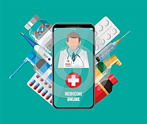 Hand holding phone with internet pharmacy app