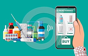 Hand holding phone with internet pharmacy app