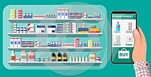 Hand holding phone with internet pharmacy app