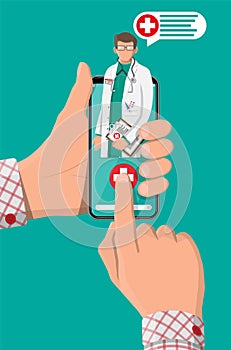 Hand holding phone with internet pharmacy app