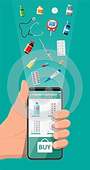 Hand holding phone with internet pharmacy app