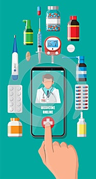 Hand holding phone with internet pharmacy app