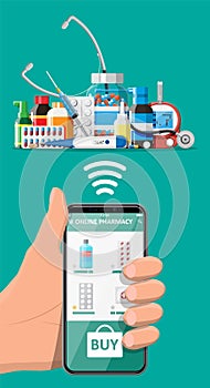 Hand holding phone with internet pharmacy app