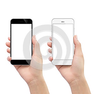 Hand holding phone isolated on white