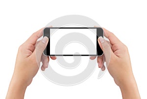 Hand holding phone isolated white background with c